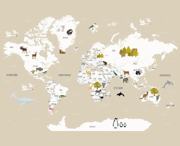 Carta da parati con mappamondo francese per bambini, beige