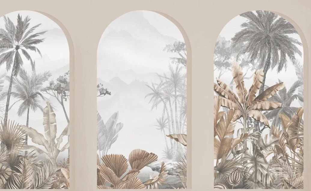 Carta da parati con archi tropicali color seppia