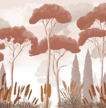 Carta da parati in terracotta con cipressi, pini ed erba della pampa
