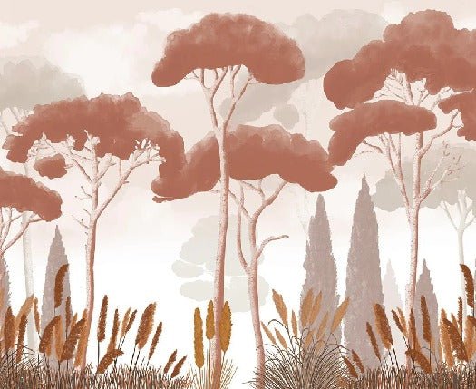 Carta da parati in terracotta con cipressi, pini ed erba della pampa