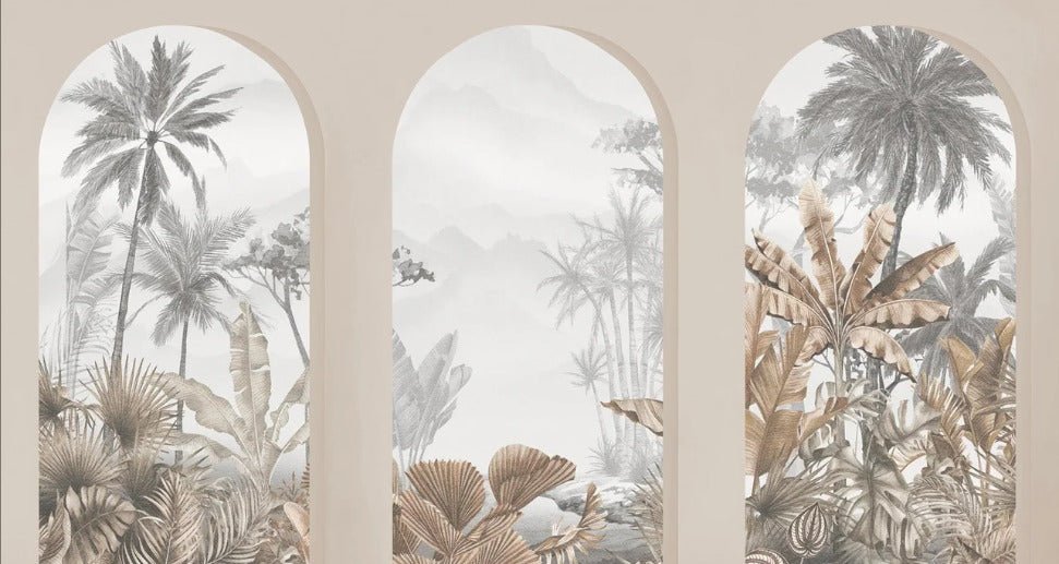Carta da parati con archi tropicali color seppia