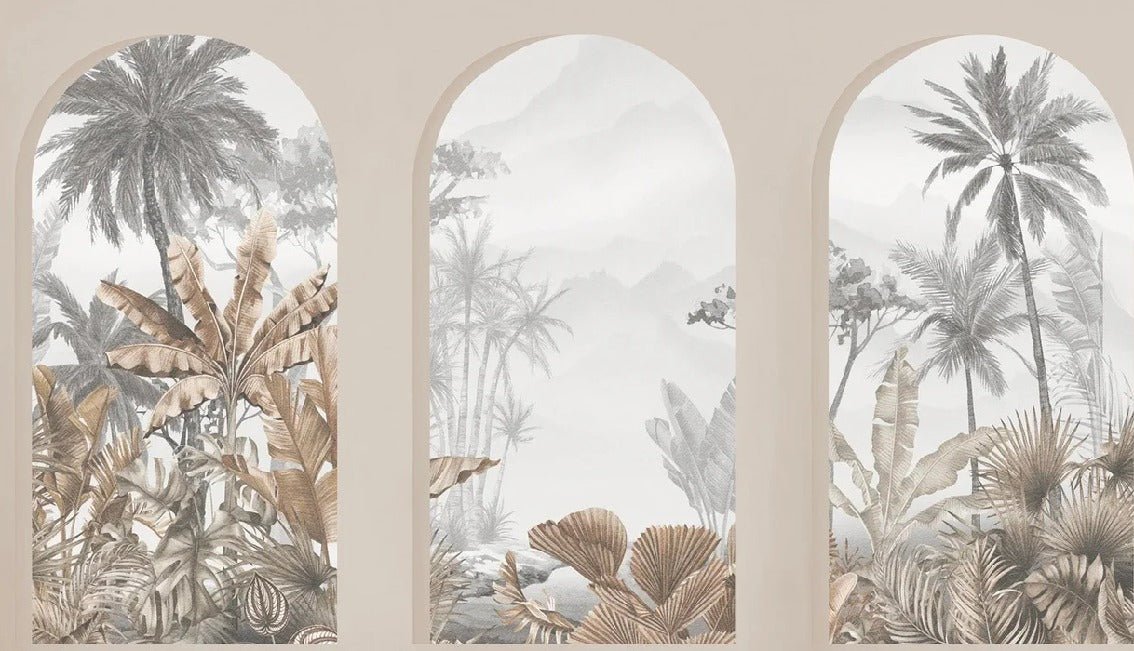 Carta da parati con archi tropicali color seppia