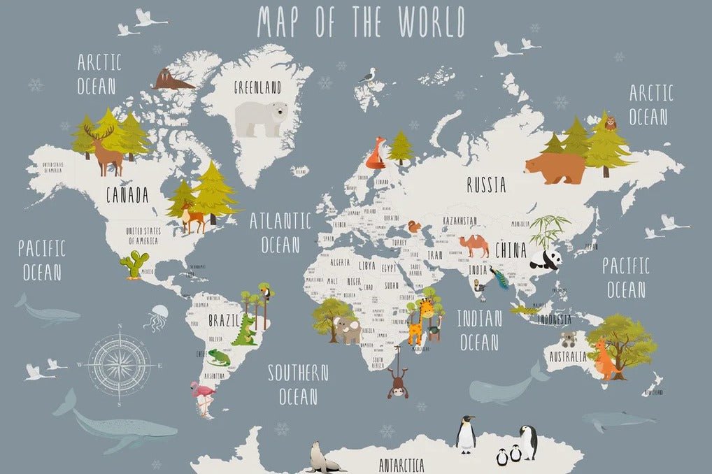 Carta da parati con mappa del mondo illustrata degli animali grigi