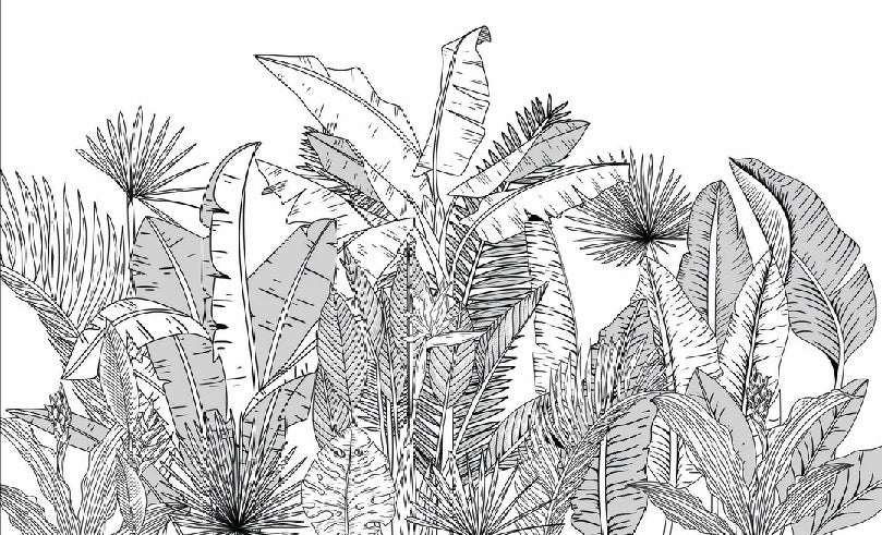 Carta da parati panoramica con foglie botaniche in bianco e nero