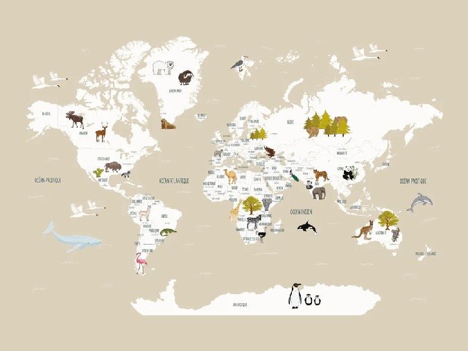 Carta da parati con mappamondo francese per bambini, beige