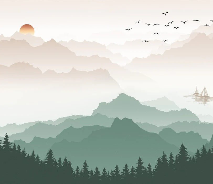 Papier peint montagne dans brume terracotta, XXL, tendance