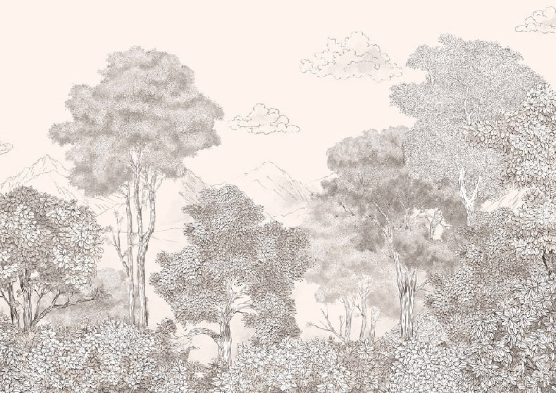 Papier peint panoramique Forêts et Monts Crayonnés Beige, XXL, tendance