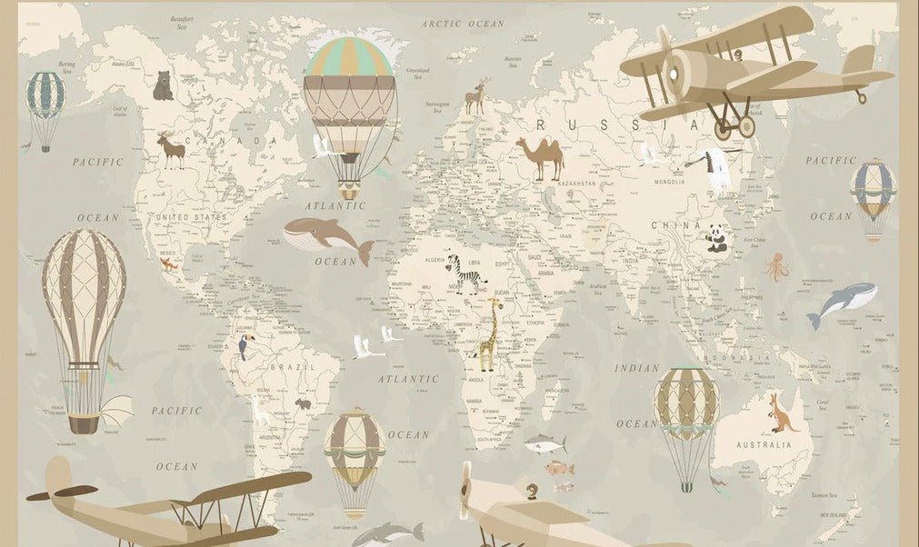 Papier peint enfant carte du monde aviateur