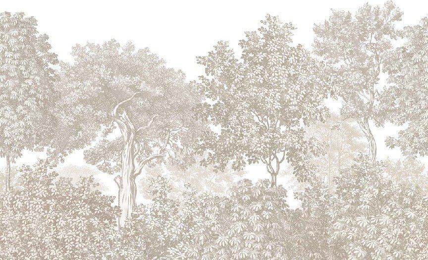 Carta da parati paesaggio foresta incisione beige