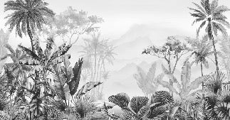 Carta da parati tropicale in bianco e nero di tendenza