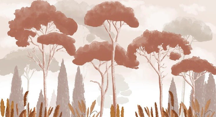 Carta da parati in terracotta con cipressi, pini ed erba della pampa