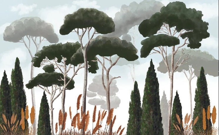 Carta da parati personalizzata in cipresso, pino e erba della pampa