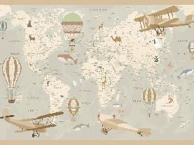 Papier peint enfant carte du monde aviateur, XXL, tendance