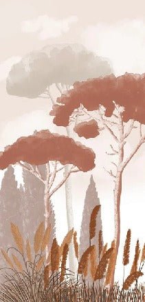 Carta da parati in terracotta con cipressi, pini ed erba della pampa