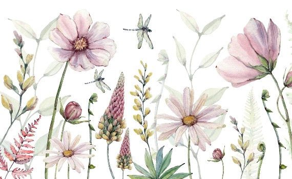 Carta da parati con fiori e libellule