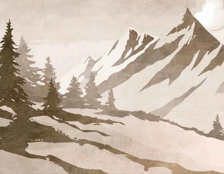 Carta da parati vintage seppia con abeti e montagne