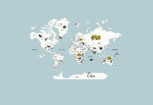 Mappa del mondo per bambini in carta da parati francese blu ghiaccio