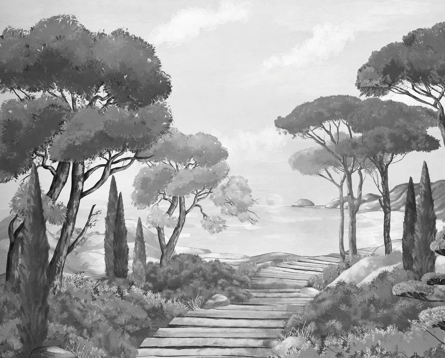 Papier peint balade dans les calanques noir et blanc, XXL, tendance