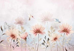 Carta da parati bucolica con fiori e colibrì