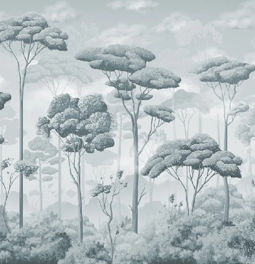 Carta da parati panoramica della pineta voluttuosa blu argento