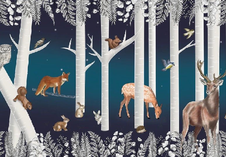 Carta da parati per bambini Il bosco incantato e i suoi animali Notte stellata