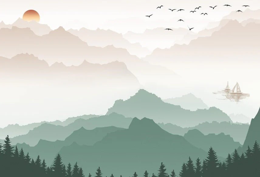 Papier peint montagne dans brume terracotta, XXL, tendance