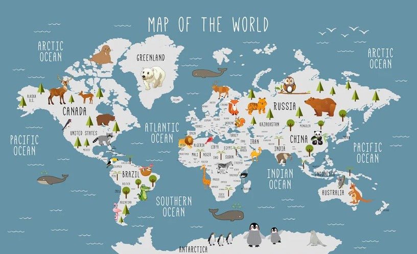 Carta da parati con mappa del mondo illustrata di animali blu scuro