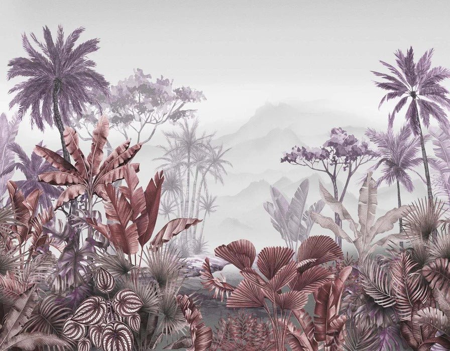 Carta da parati per bagno tropicale viola di tendenza