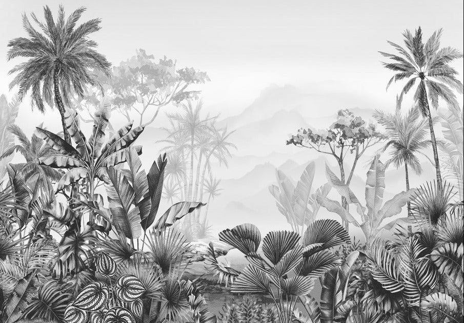 Carta da parati tropicale in bianco e nero di tendenza