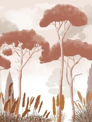 Carta da parati in terracotta con cipressi, pini ed erba della pampa