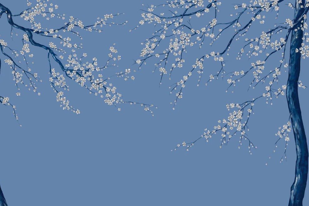 Carta da parati panoramica con fiori blu Sakura