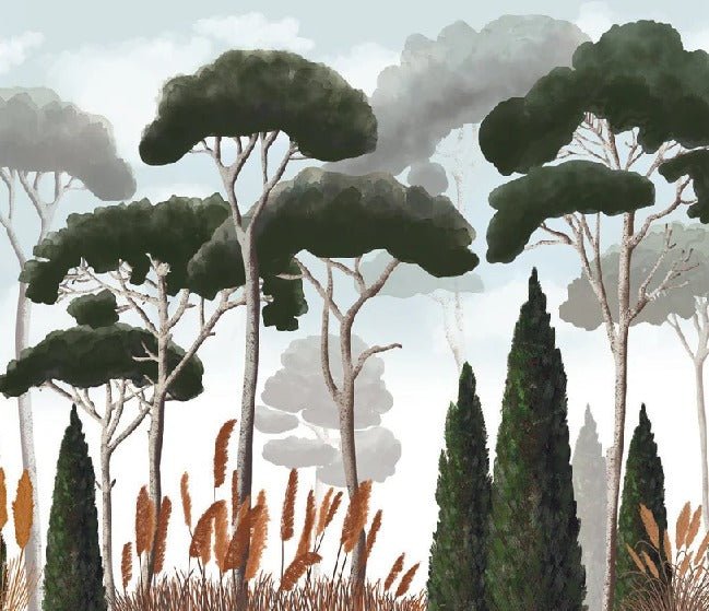 Papier peint sur mesure cyprès pins et herbes de la pampa, XXL, tendance