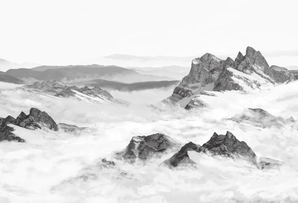 Carta da parati panoramica in bianco e nero sulle montagne
