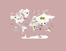 Carta da parati con mappamondo francese per bambini rosa antico