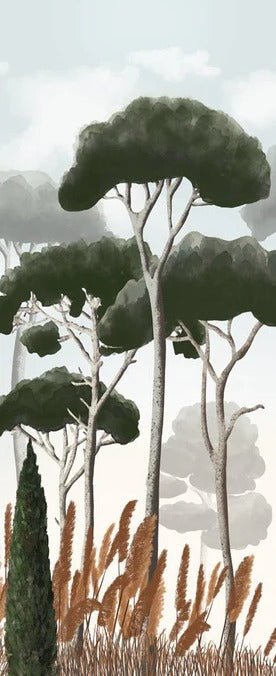 Papier peint wc cyprès pins et herbes de la pampa, XXL, tendance