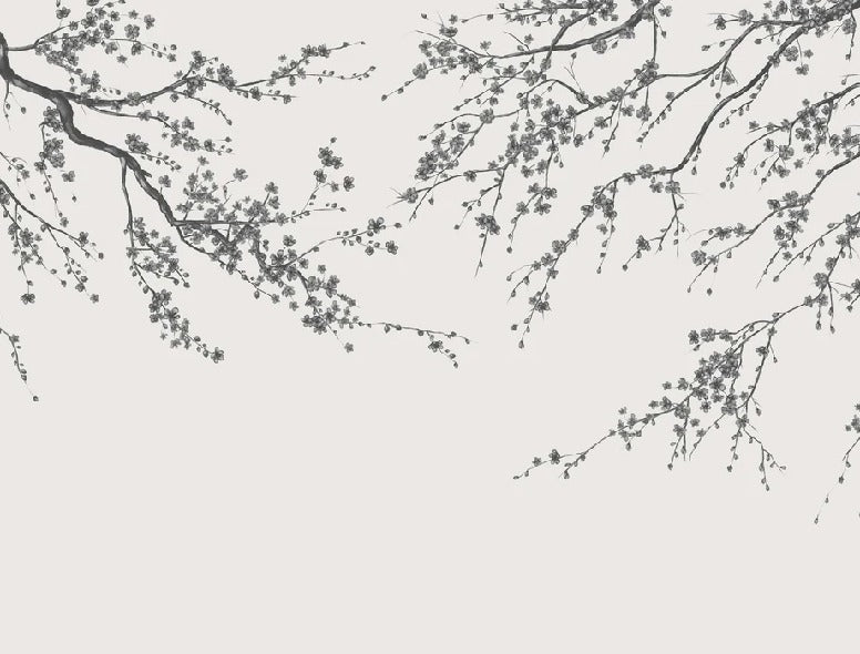 Papier peint panoramique fleur Sakura noir et blanc, XXL, tendance