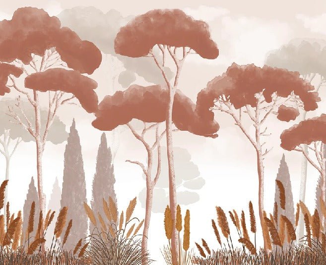 Papier peint cyprès pins et herbes de la pampa terracotta, XXL, tendance