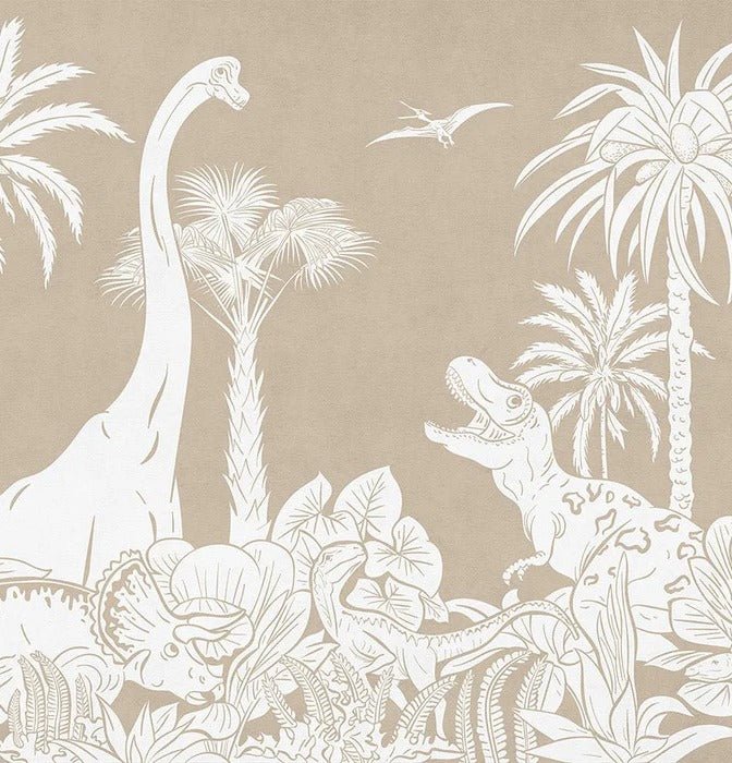 Carta da parati monocromatica beige con dinosauri
