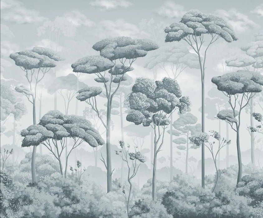 Carta da parati panoramica della pineta voluttuosa blu argento