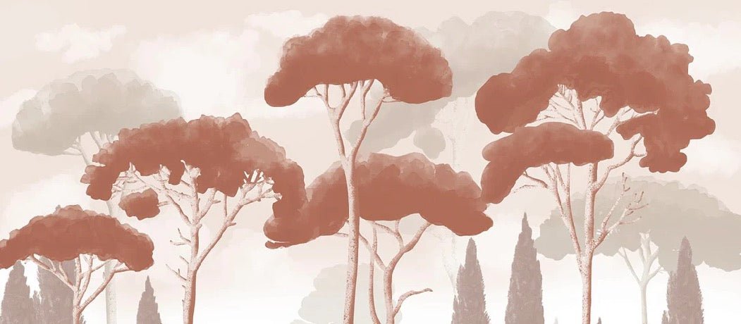 Carta da parati in terracotta con cipressi, pini ed erba della pampa