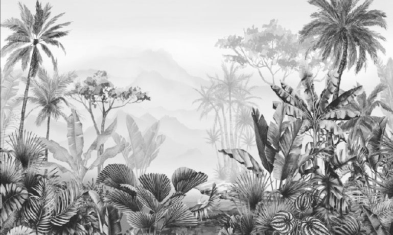 Carta da parati tropicale in bianco e nero di tendenza