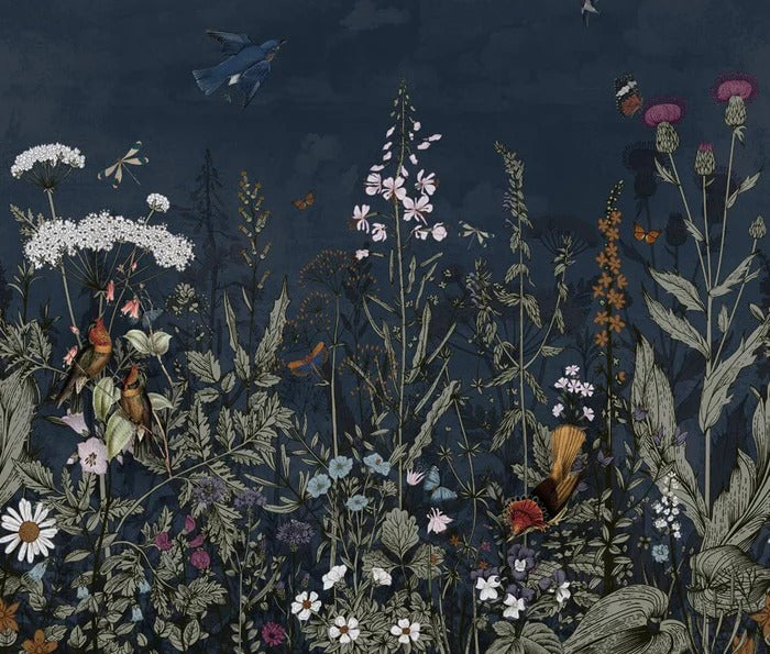 Papier peint panoramique bleu nuit floral, XXL, tendance