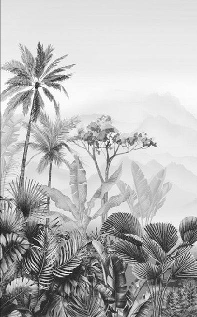 Carta da parati di tendenza per toilette tropicale in bianco e nero