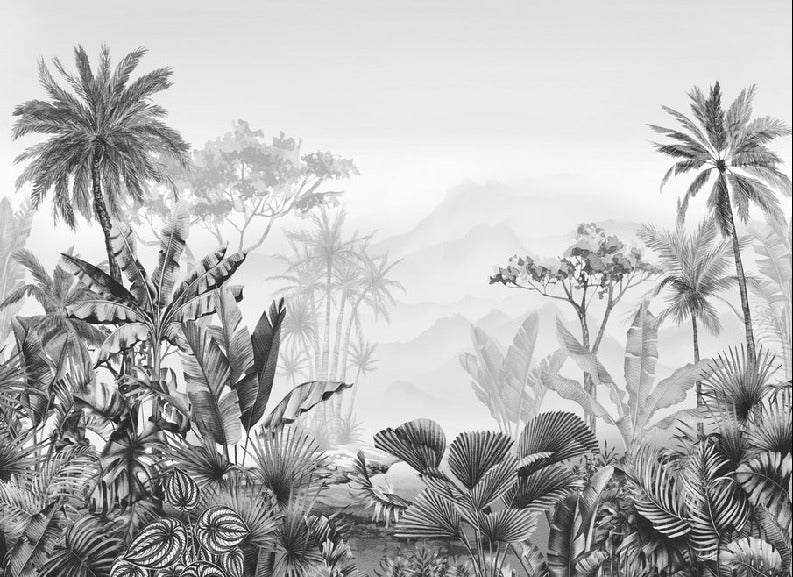 Carta da parati tropicale in bianco e nero di tendenza