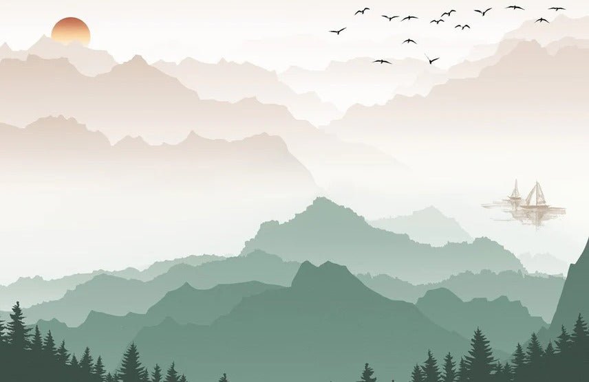 Papier peint montagne dans brume terracotta, XXL, tendance