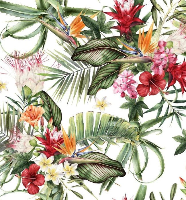 Carta da parati per bagno tropicale e fiori colorati