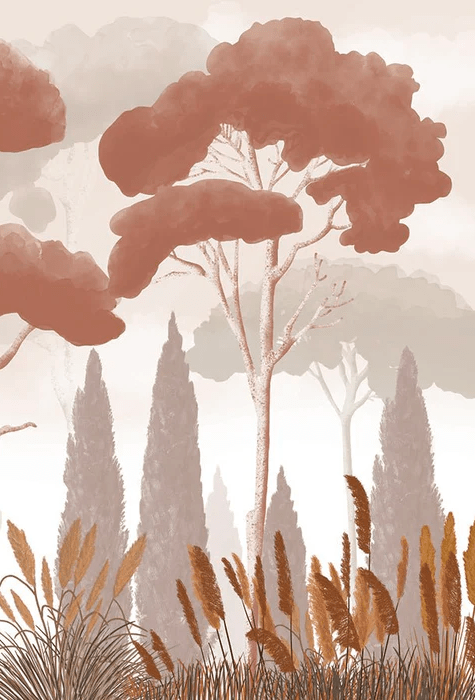 Papier Peint Cyprès Pins et Herbes de la Pampa Terracotta - H280cm x L190cm - Matière Softouch, XXL, tendance