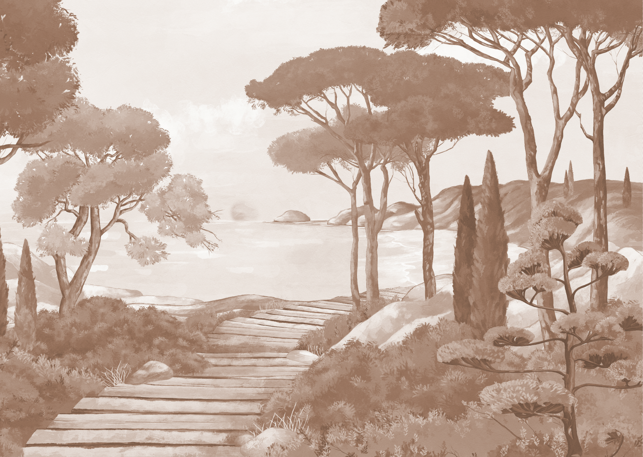 Papier Peint Balade Dans Les Calanques Terracotta - H220 x L300cm - Matière Vinyle - Muralconcept