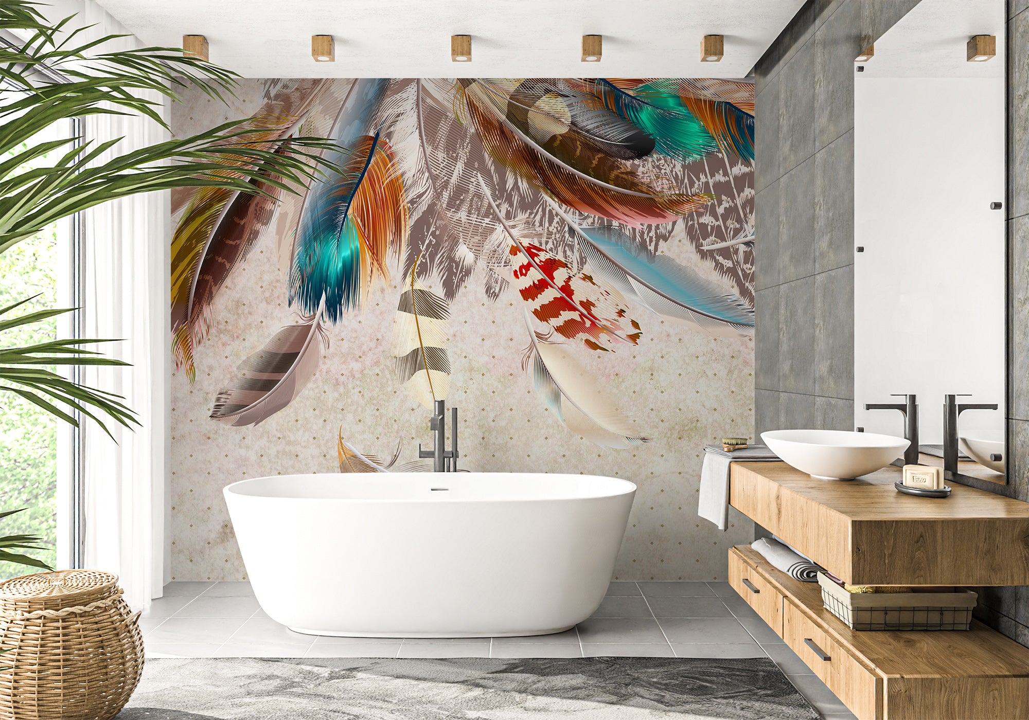 Papier peint salle de bain Plumes indiennes, XXL, tendance