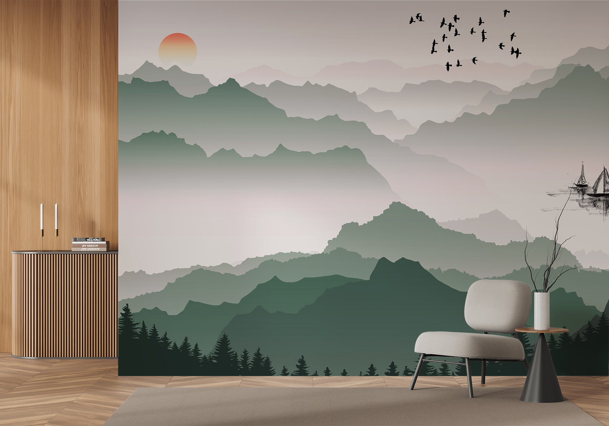 Papier peint montagne et voile sur le lac, mural concept, tendance